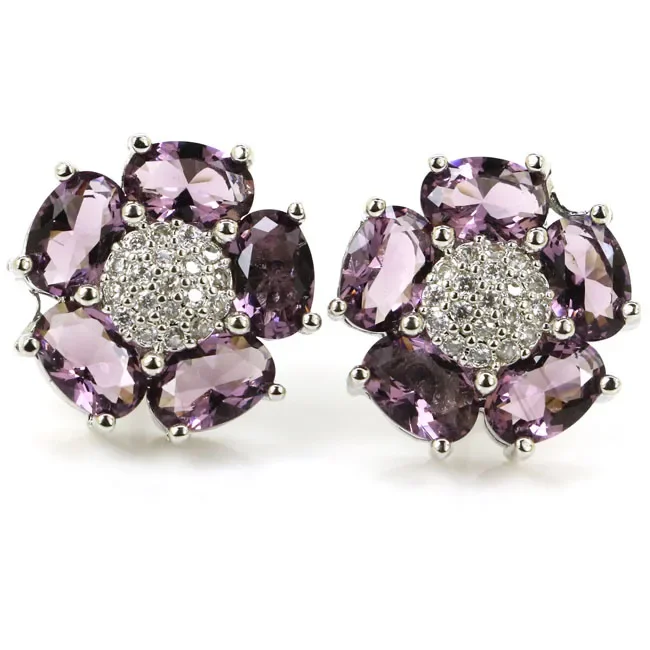 925 SOLID STERLING SILVER Customized Earrings Flowers Shape Amethyst Tanzanite Blue Sapphire Violet Topaz Mystical Topaz CZ Ladi