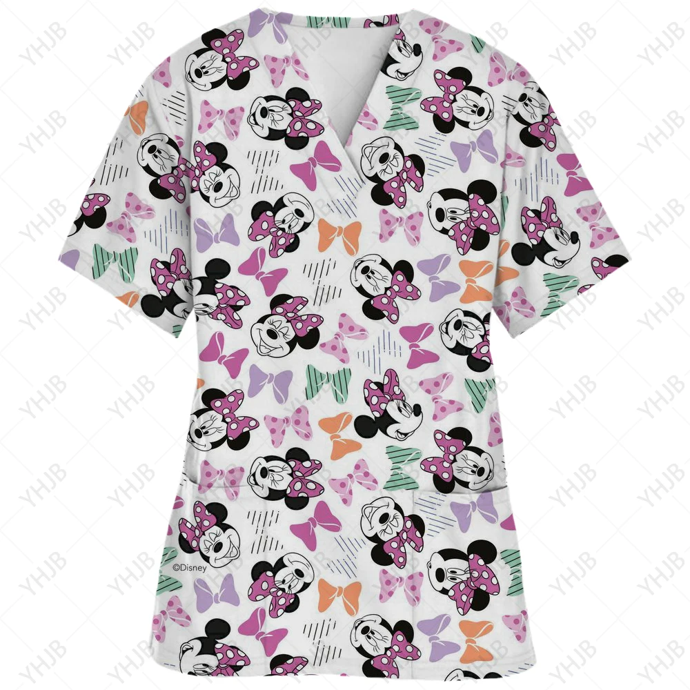 

2024 Short sleeved V-neck Disney Mickey Mouse T-shirt Top Summer Uniform De Anfermera Mujer Women's Medical Clothing