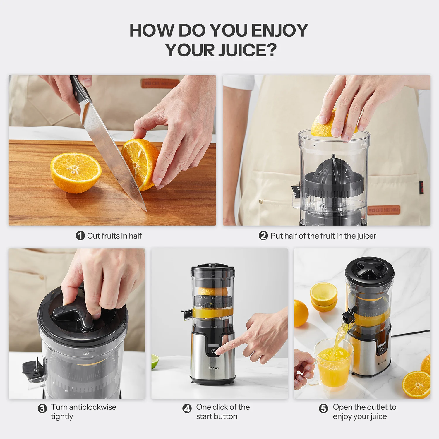 lectric Citrus Juicer, Reemix Full-Automatic Orange Juicer Squeezer for Orange, Lemon, Grapefruit, Citrus Juicer with Cleaning 2