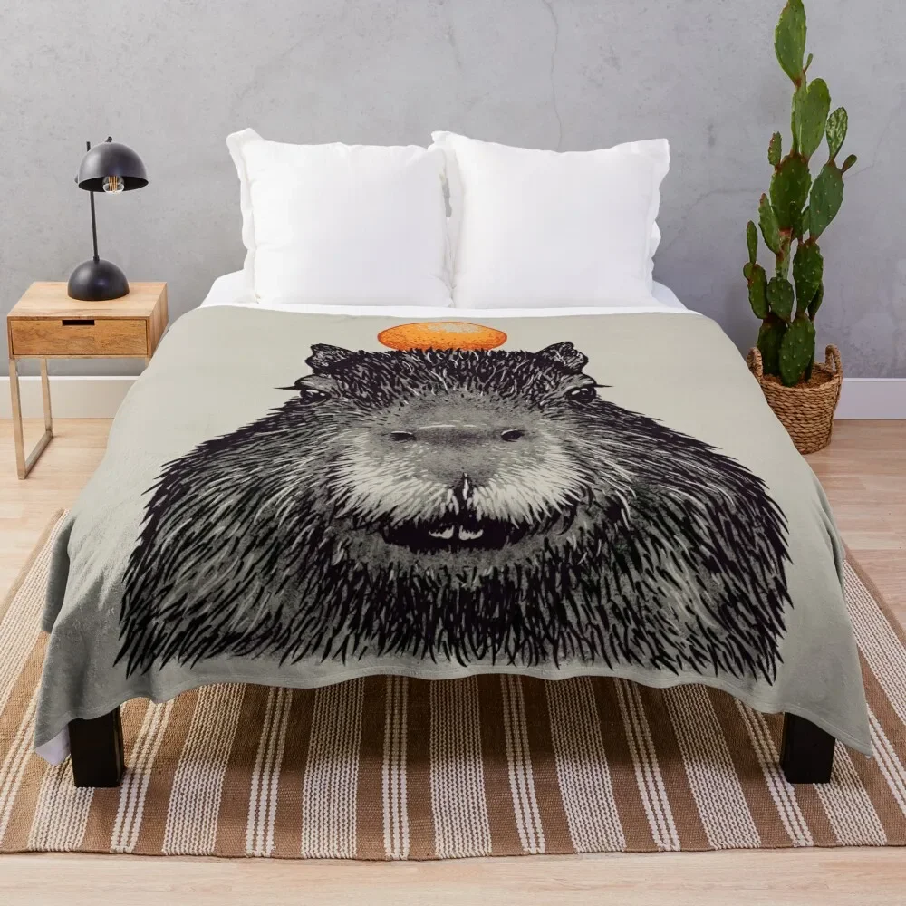 

CapybaraOrange | Capy Yuzu | Capybara with Orange on Head | His Name - Gort Portrait Throw Blanket Plush Blankets