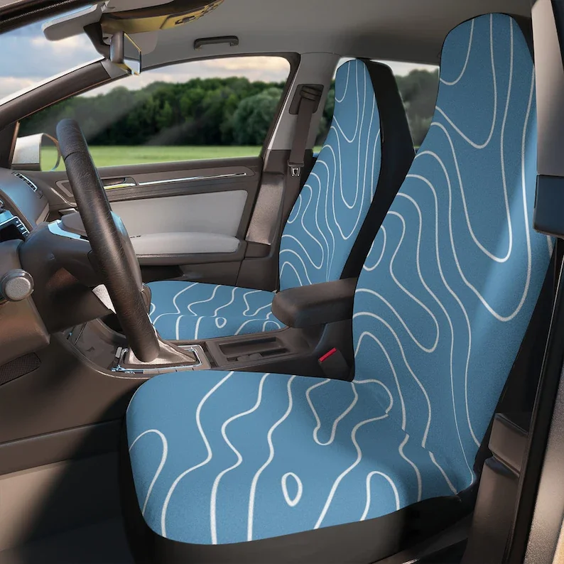 

Soft Blue Groovy Retro Boho Waves Cute Car Seat Covers for Vehicle for Women Set of 2