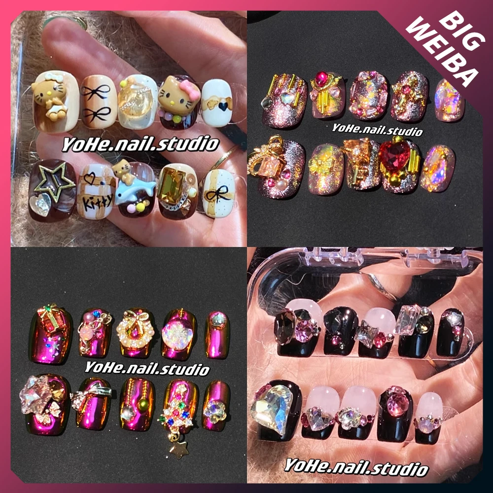 

Cartoon HelloKitty Short Handmade Full Cover Fake Nails Cartoon Classic Rhinestone Blingbling Detachable Finished Press On Nails