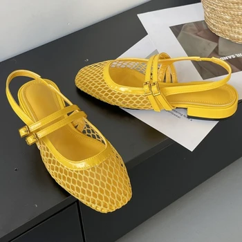 Sexy Mesh Shallow Women Sandals Fashion Buckle Narrow Band Hollow Slide Sandals Summer Comfort 42 43 Large Size Mary Jane Shoes