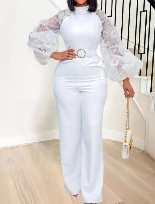 Jumpsuit Women 2024 Summer Fashion Lantern Sleeves Elegant Mock Neck Long Sleeve Tie Detail Daily Wide Leg Long Jumpsuit
