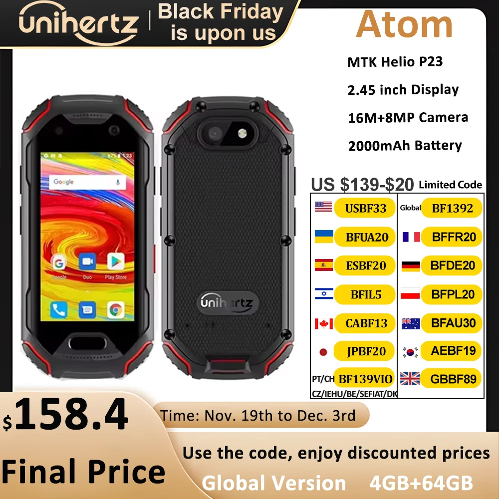 Unihertz ATOM Mini Rugged Smartphone 4GB 64GB Android 9 Octa Core 2.45 inch Unlocked Cellphone 2000mAh NFC