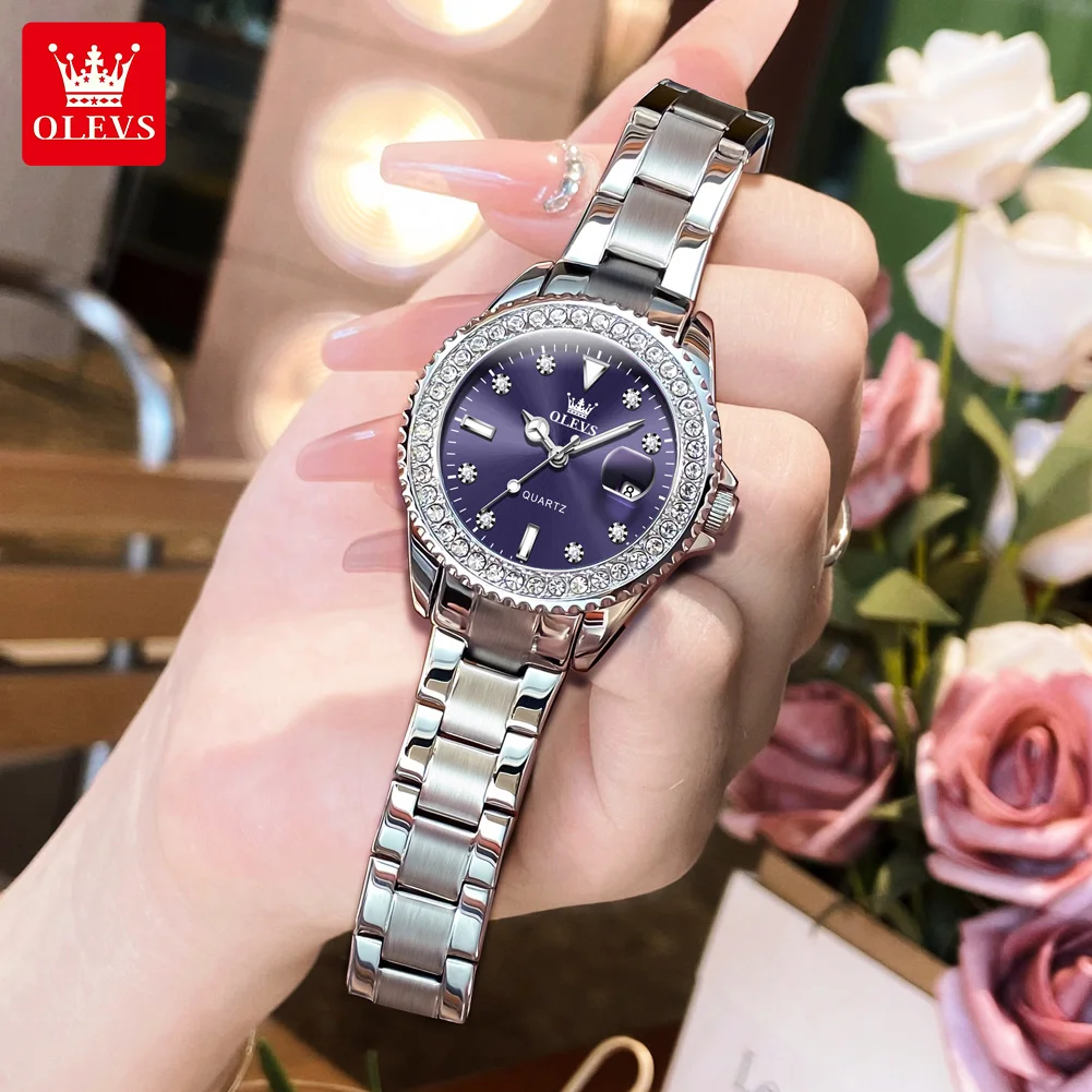 OLEVS 9945 Watch For Women Classic Luxury Calendar Quartz Woman Watch Diamond Scale Waterproof Wristwatch Stainless Steel Strap