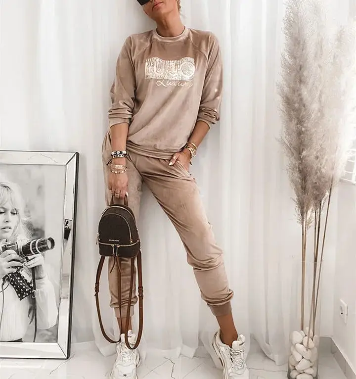 2024 Spring Velvet Women Suit Long Sleeve O-neck Top Pocket Pants Female 2 Piece Sets Fashion Casual Sport Clothes Ladies