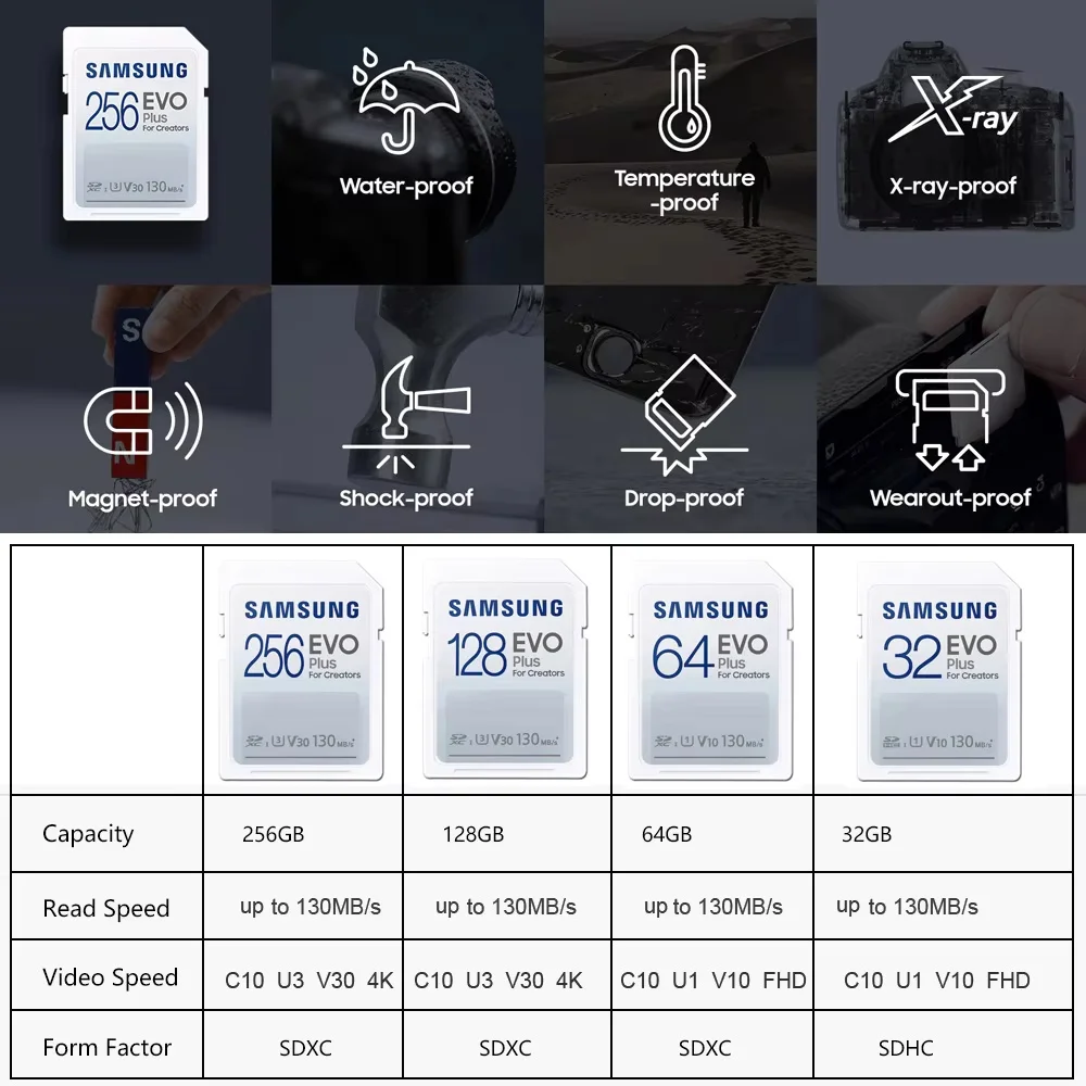 삼성 EVO 플러스 SD 카드 128GB 256GB SDXC V30 U3 2GB SDHC V10 C10 64GB U1 SD 메모리 카드 130MB/s 카메라용