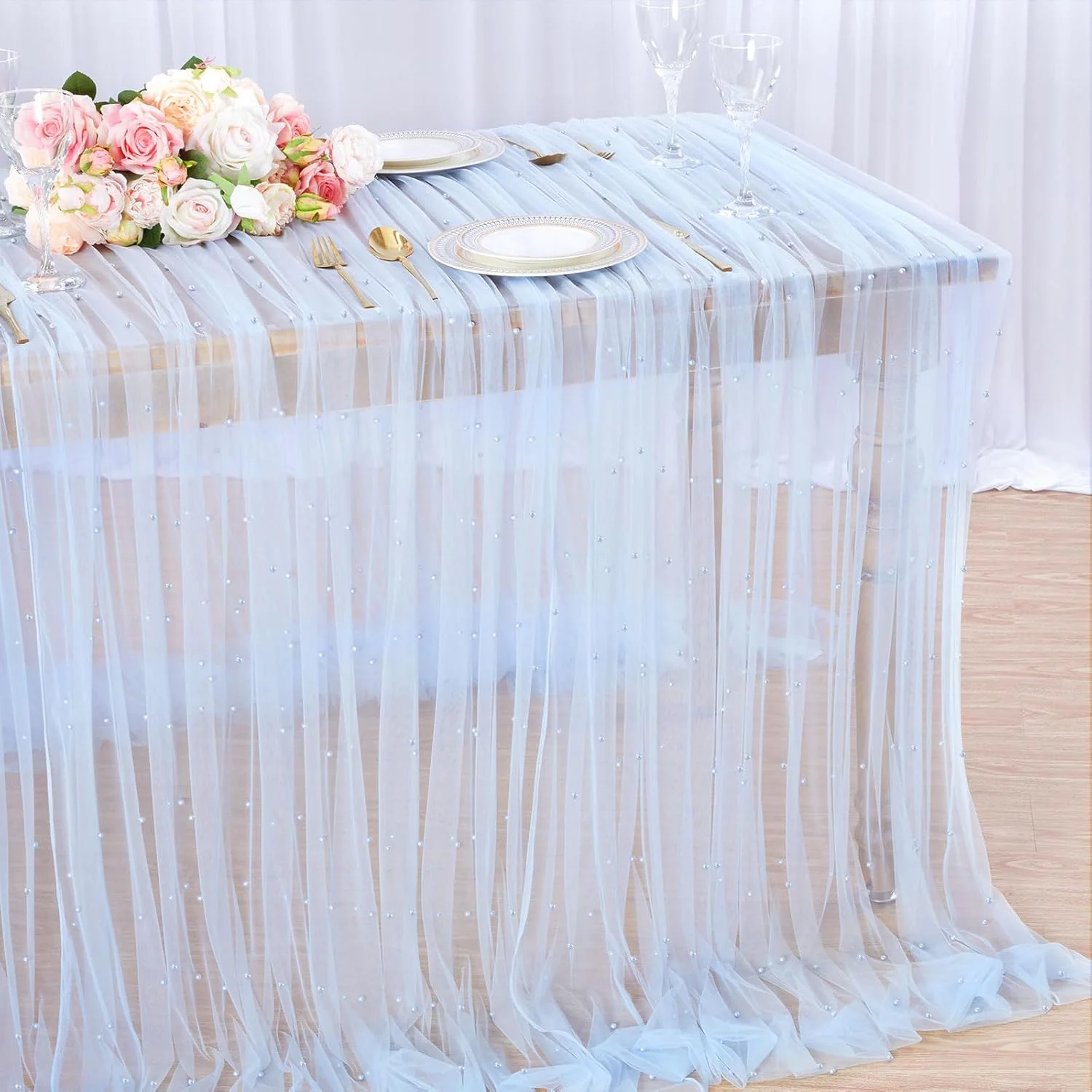 Pearl Tulle Table Runner Tablecloth White Table Cloth Wedding Veil Fabrics for Wedding Birthday Party Arch Dessert Table Decor 6