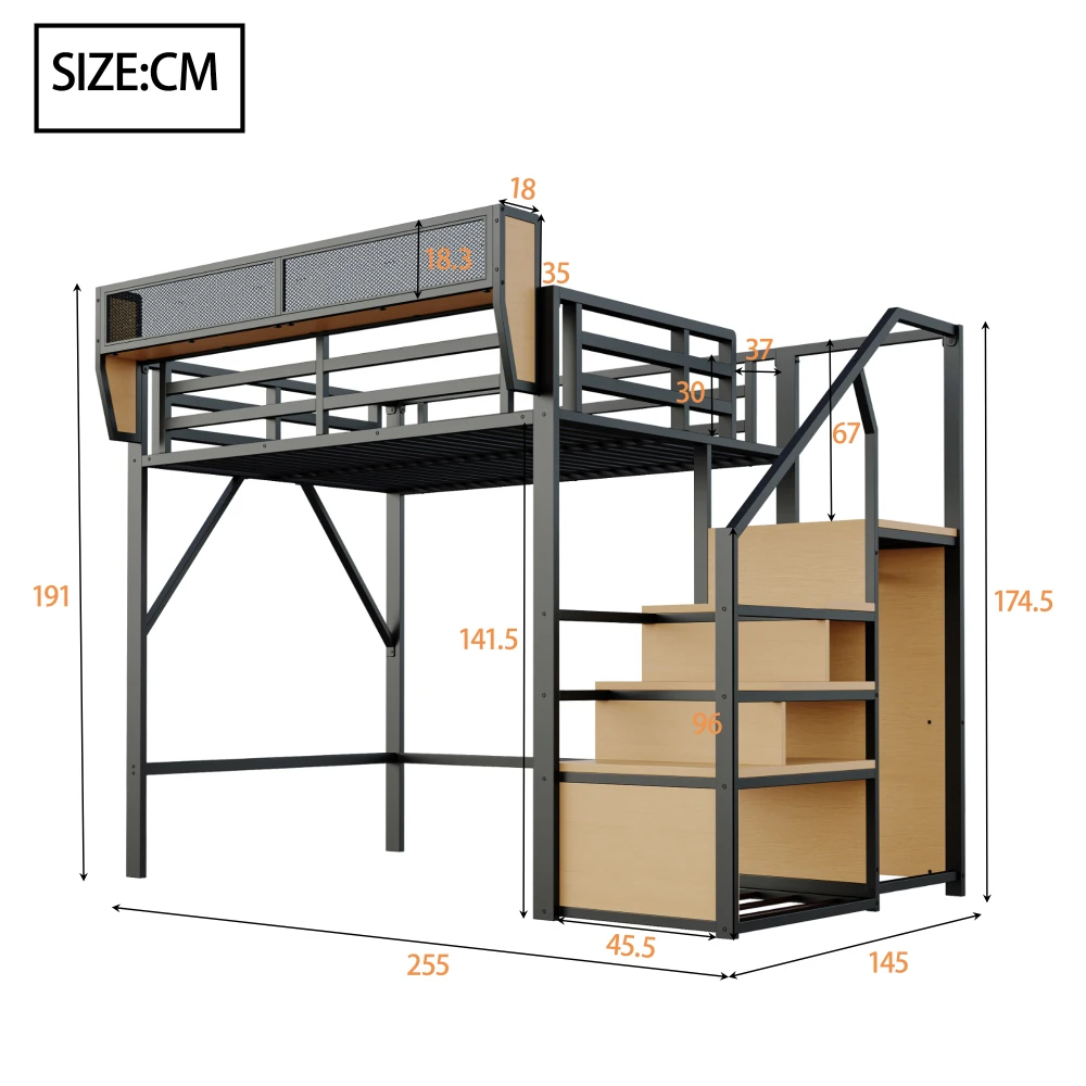 Schwarzes, robustes Metall-Hochbett 90x200cm mit Sicherheitsleiter & Staufächern, Bett für Kinder und Erwachsene, rutschfester, stabiler Rahmen – Detail 17