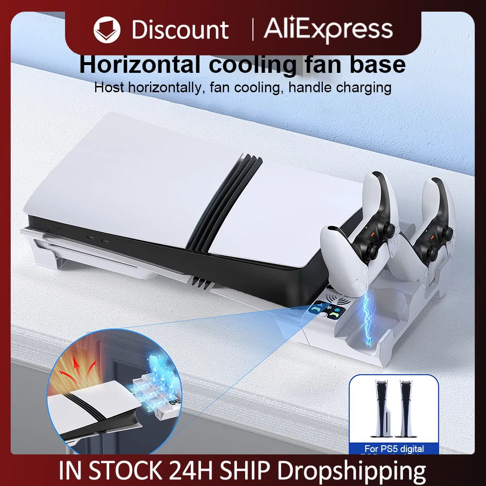 Horizontal Stand and Cooling Station W/ USB Hub with Three Adjustable-speed Fans port Charger for PS5 Slim/PS5 Pro Disc & Digita