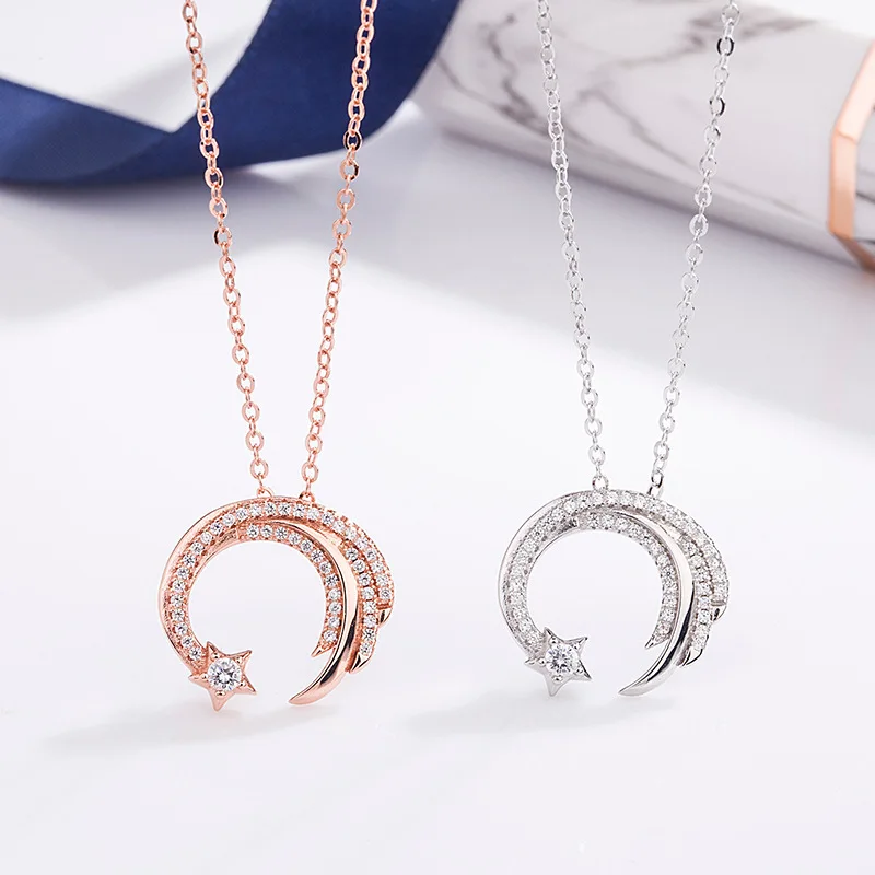 Moon Star Meteor Garden Slip Falling Meteor Micro-Inlaid Necklace For Women for pendant necklace,silver necklace,silver pendant,silver necklace charms