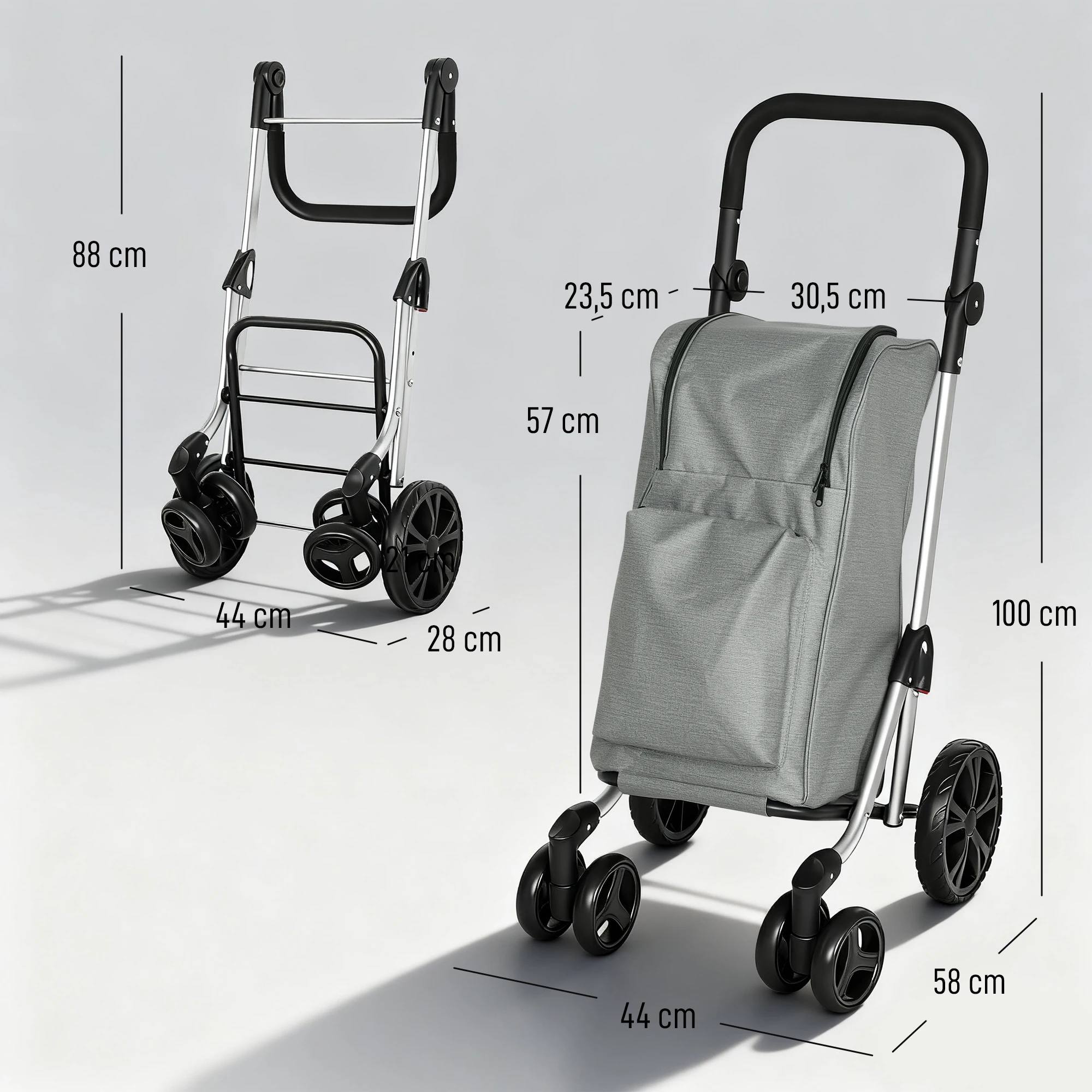 Chariot De Courses Pliable Caddie De Courses Portable à Roulettes Avec Siege Pliable Sac Amovible 46x595x97cm Noir 92158433