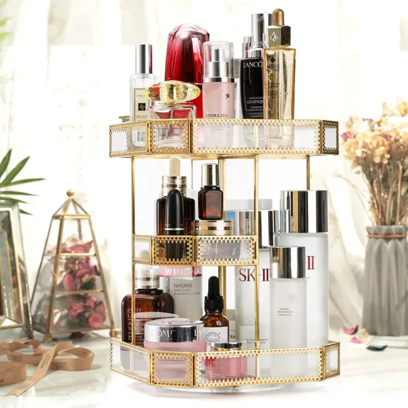 360 Degree Rotating Glass Makeup Organizer, Large Cosmetics Storage Display Holder with Gold Trim for Vanity, Clear Makeup 5