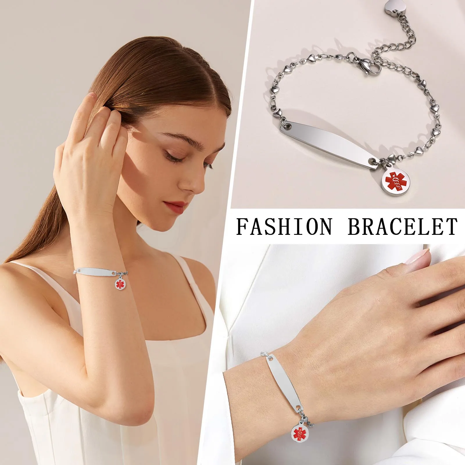 Bracciale ID avviso medico smaltato personalizzato Bracciale a barra sottile con maglie a catena Rolo in acciaio inossidabile per donna regolabile 7,6  36