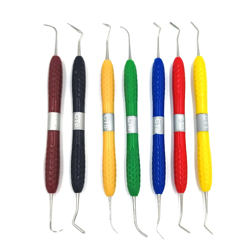 Juego de relleno de resina Dental, Kit de restauración estética para Cuchillo de resina, tocador de plástico con mango de silicona, herramienta de espátula, 7 piezas por juego