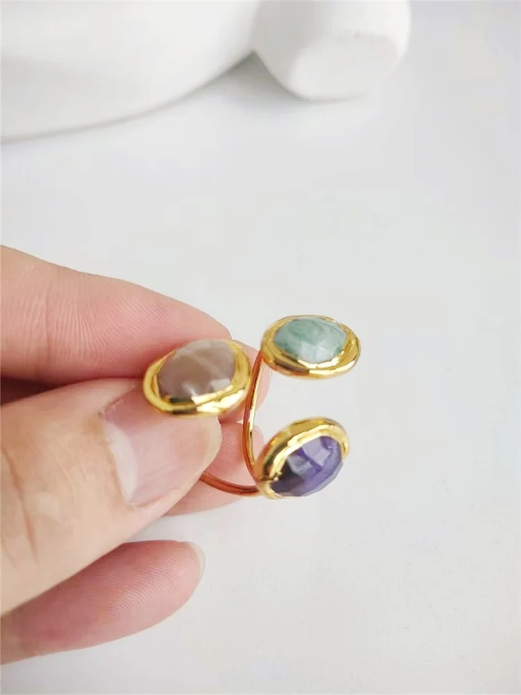 FUWO Wholesale Trendy Women Natural Gems Stone Cuff Ring Elegant Carved Crystal Jewelry Fit Female Wedding Party 5 Pcs/Lot RG023