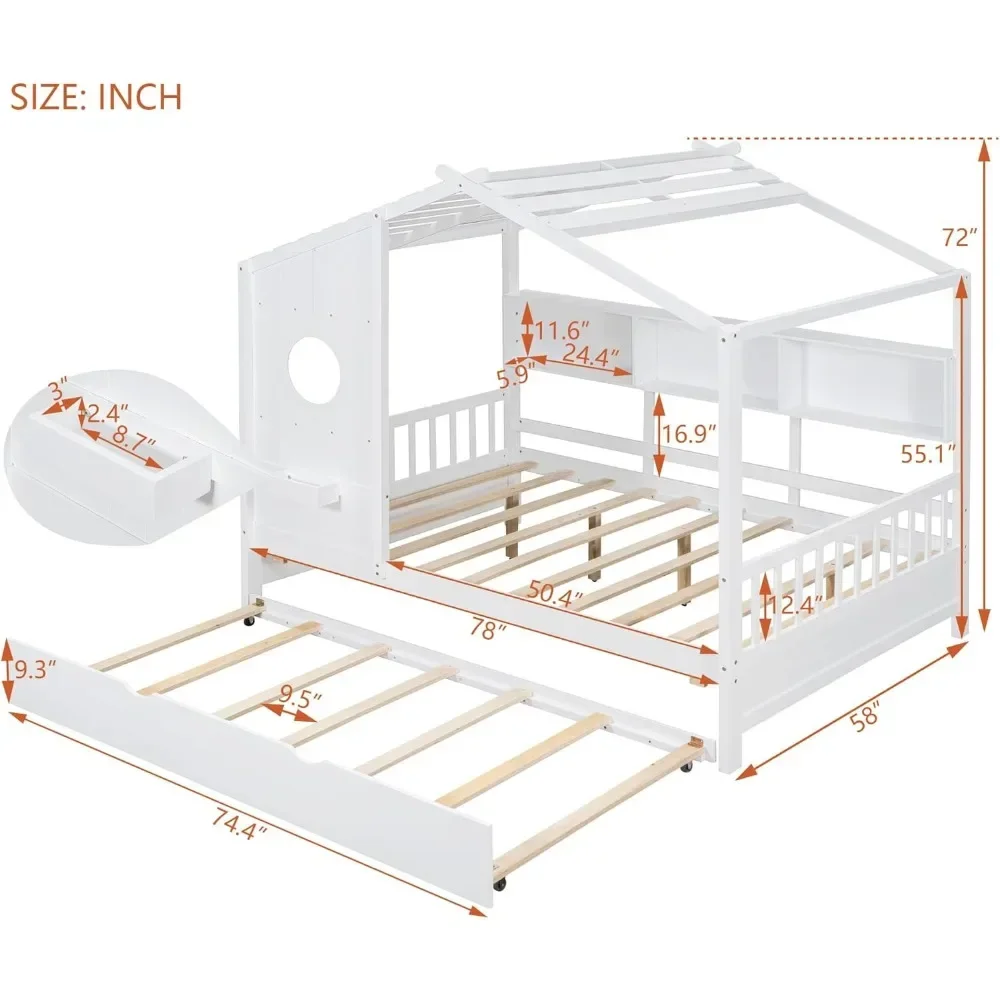 House Platform Bed for Kids Trundle Storage Shelf Wooden Low Bedframe Roof Window Guard Rails White