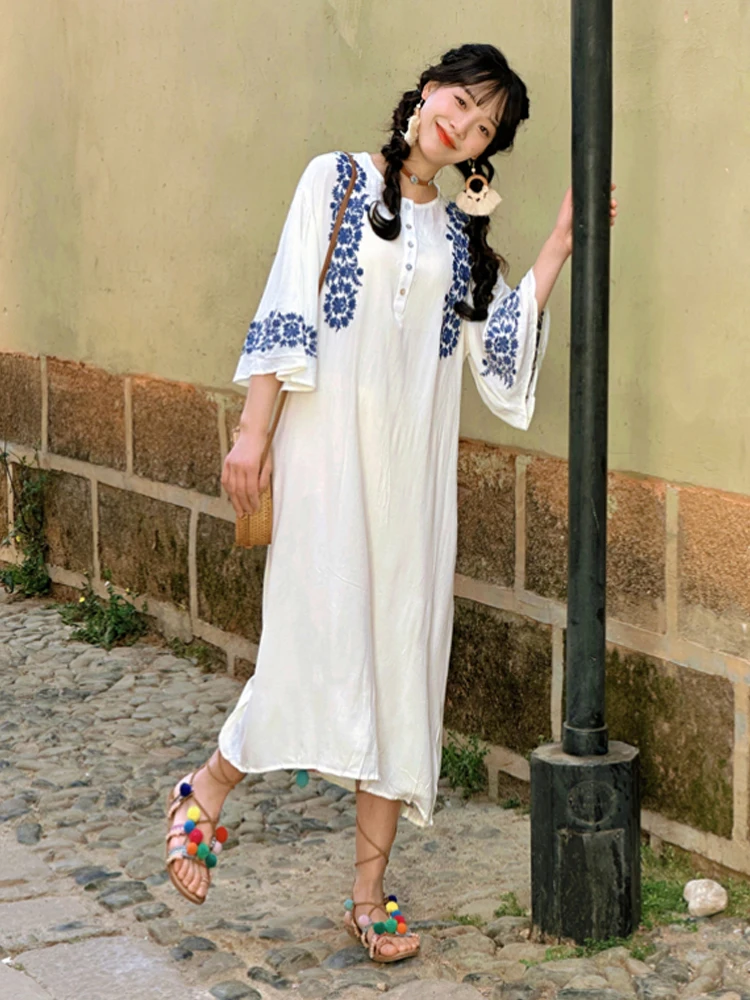 Summer New Women's Retro National Style Heavy Embroidery Seven-point  Sleeves Loose Long Dress Travel Holiday Dress - Dresses - AliExpress