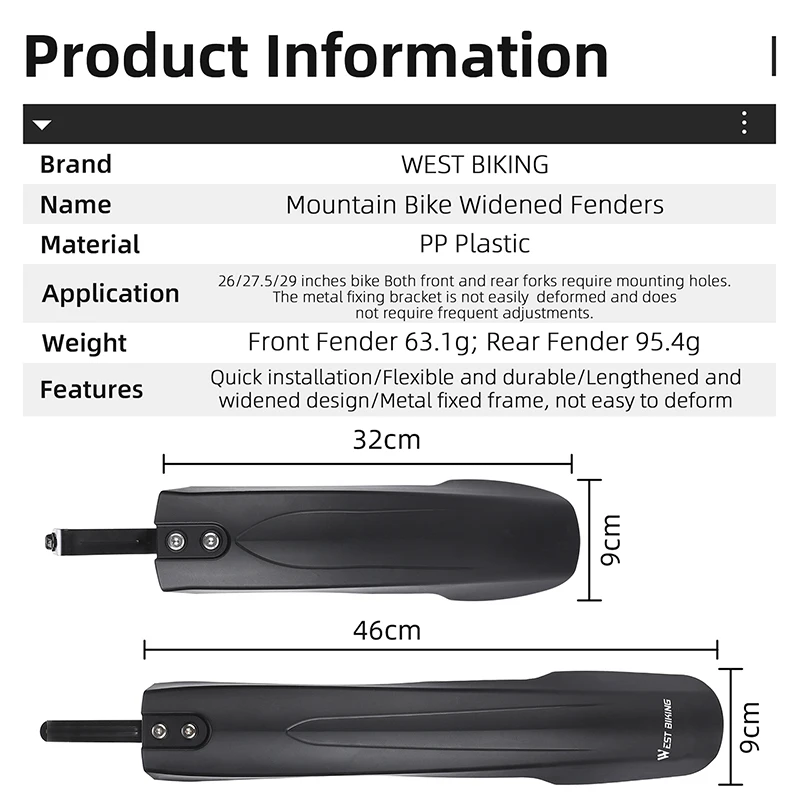 Bicycle Fender WEST BIKING Widen Bicycle Fender For 26/27.5/29 Inch Mountain Bike Durable Waterproof Front Rear Mudguard