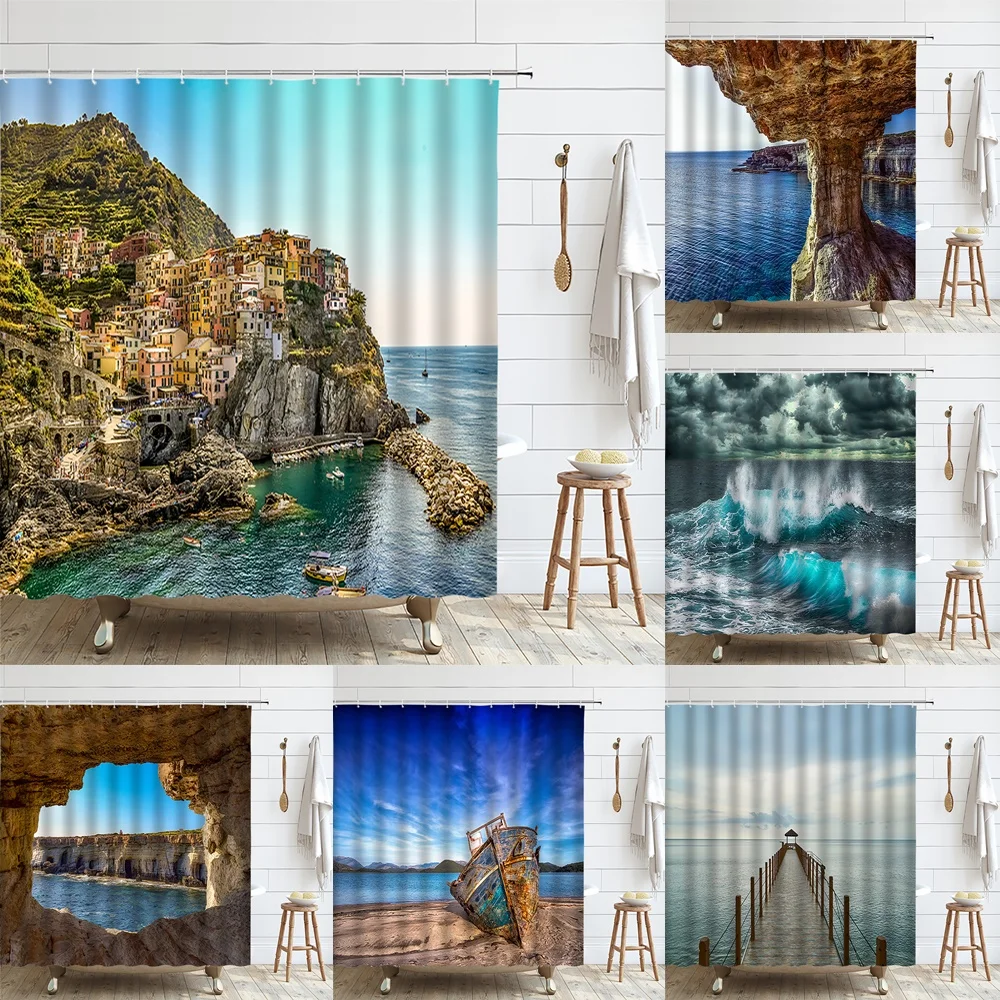 

Seaside Town Ocean Shower Curtain Mediterranean Sea Italian Cliff Coastline Scenery Mountain Fabric Bathroom Decor Curtains Home