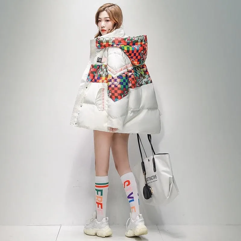 

Winter Jacket for Women Warm Hooded White Duck Down Woman Coat Medium-length Color Collision Splicing Fashion Loose Tops Coats