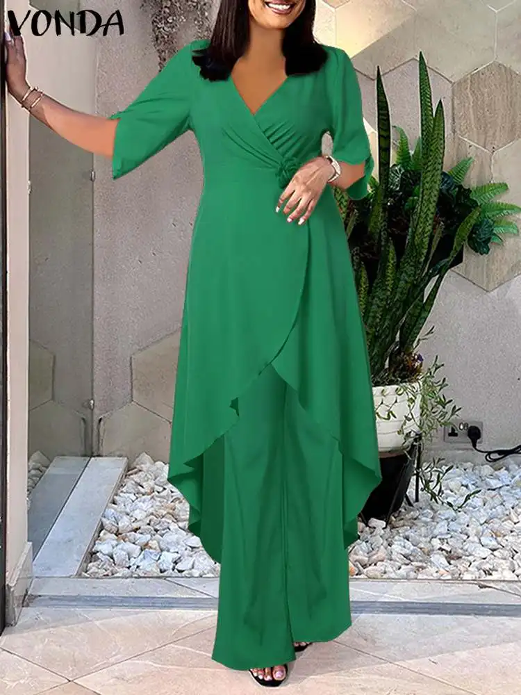 VONDA Elegant Women Pant Sets 2024 Summer Long Sleeve Ruffled Long Tops and High Waist Wide Leg Pants Casual 2pcs Solid Suits