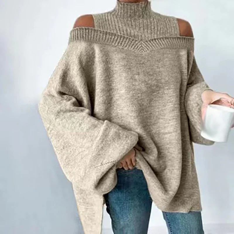 

New Fashion Cold Shoulder Rib Knitwear Sweater Women Turtleneck Hollow Out Autumn Pullover Winter Loose Long Sleeve Top Sweaters