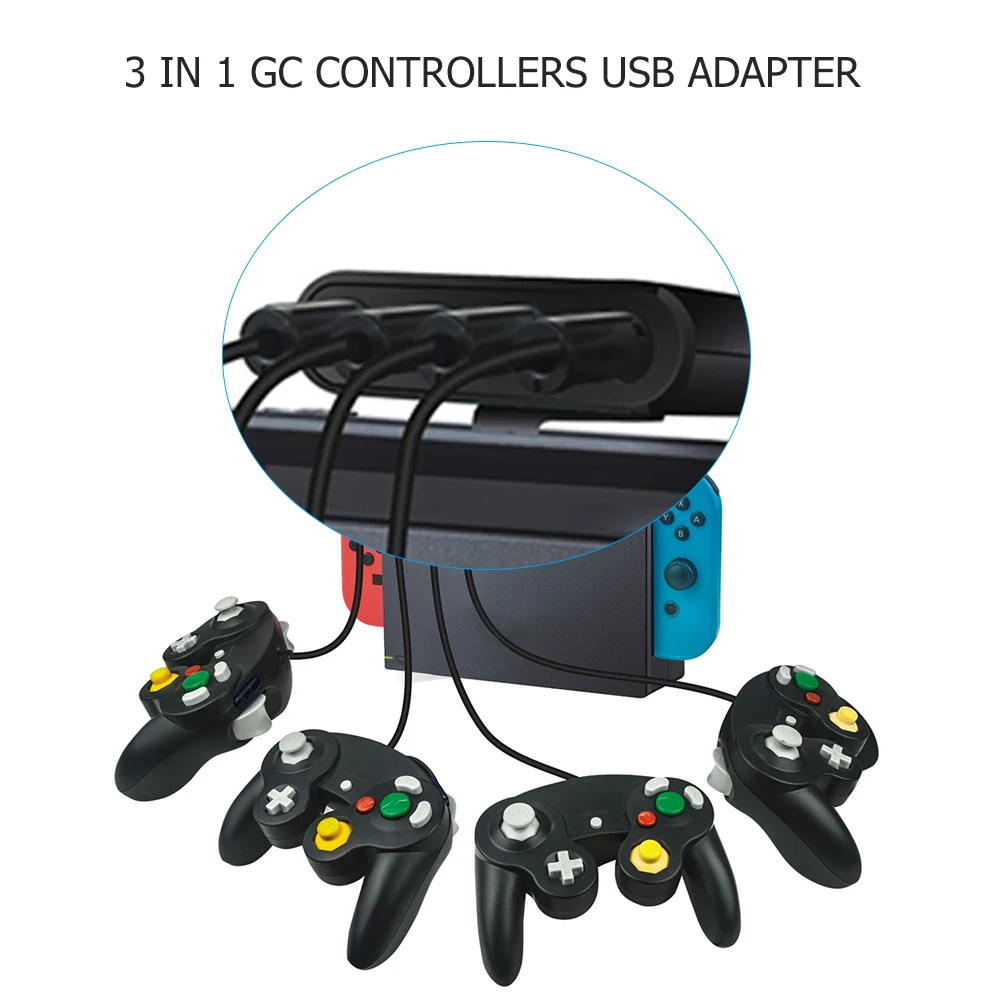 Protable 3 in 1 4 포트 GC 컨트롤러 USB 어댑터 변환기 Nintend Switch GC/Wiiu/PC 게임 액세서리에 적합 블랙