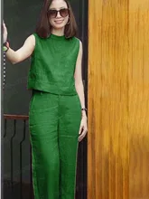 Female sleeveless casual cotton linen suit Women Cotton Linen Set Casual Sleeveless O-neck Shirt and Loose Pants Suits 