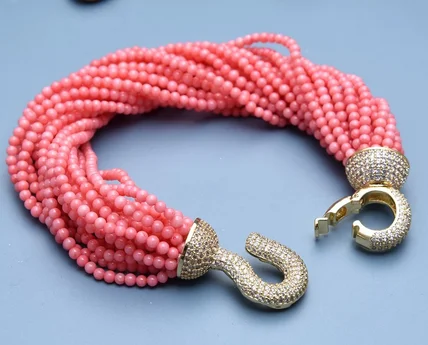 Jewelry 10 Rows Pink Coral Smooth Round Beads Bracelet Gold Color Plated CZ Pave Clasp 8.5''