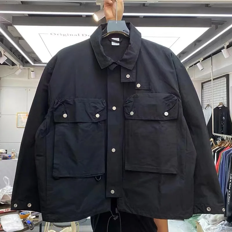

Slim style zip jacket with drawstring vertical collar and three-dimensional multi-pocket