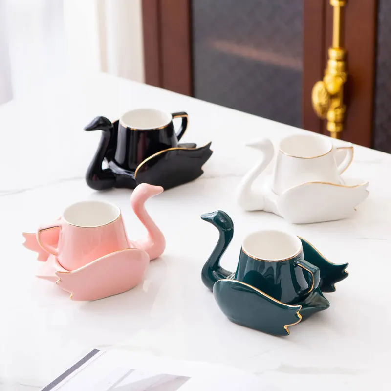 

Nordic Creative Swan Coffee Cup Saucer Set with Gold Rim Small Cute White Black Green Pink Ceramic Cups and Saucers Lovely Gifts