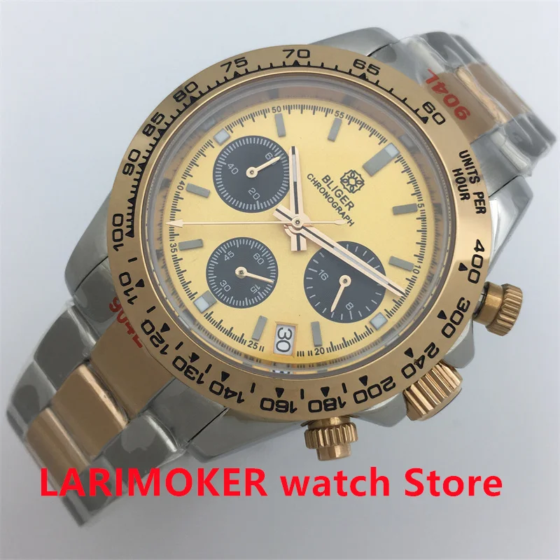 BLIGER 39mm Sports Timing Multifunctional quartz watch VK63 Movement sapphire glass black dial luminous Date Steel bracelet