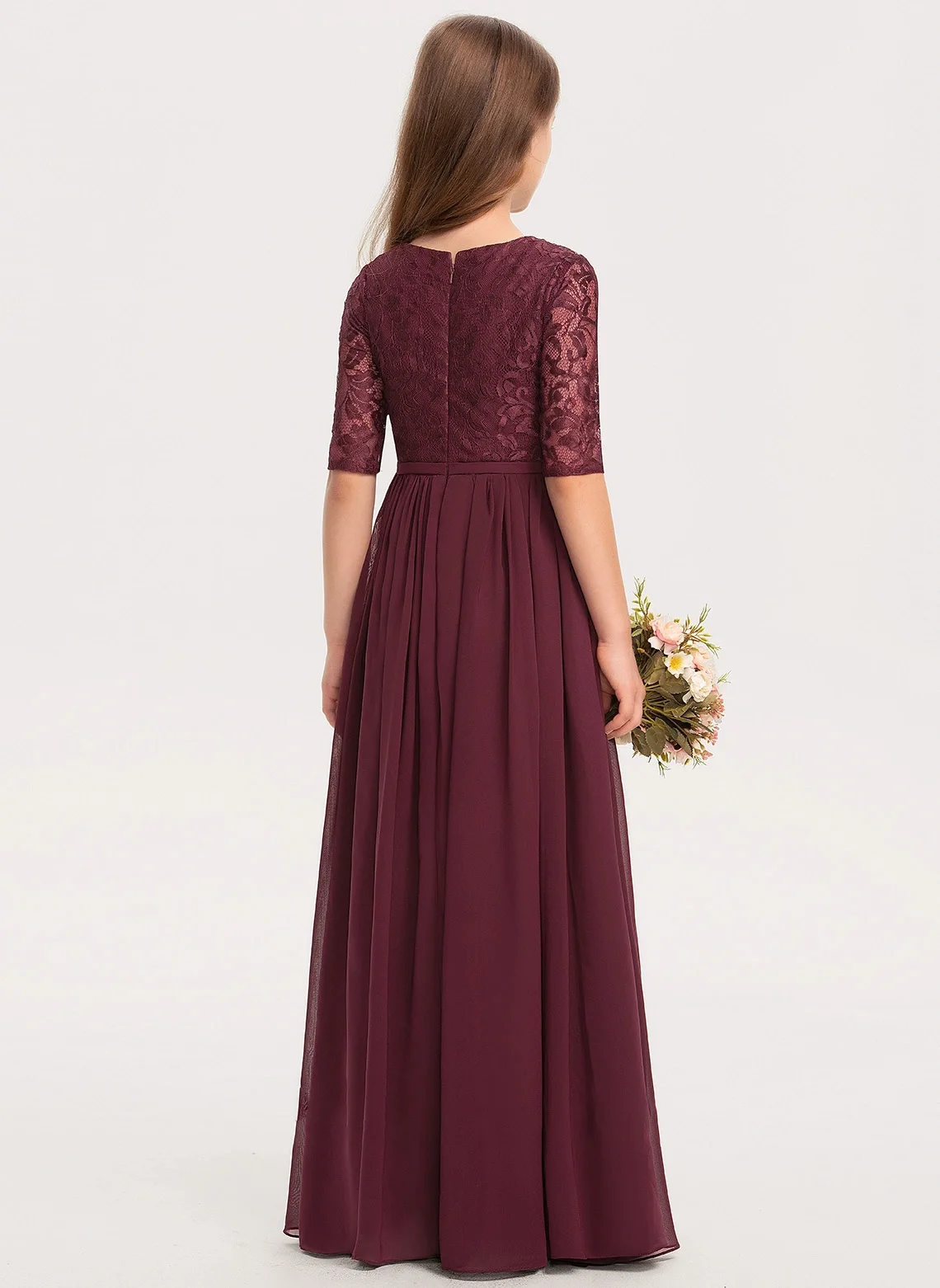 Flower Girl Dresses A-line Scoop Floor-Length Chiffon Lace Junior Bridesmaid Dress With Pleated First Communion Dress