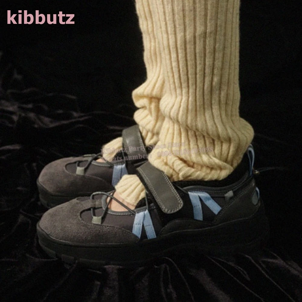 Functional Wind Ballet Sneakers Lace-Up Elasticized Band Hook & Loop Shoelace Round Toe Thick Bottom Mixed Color Fashion Concise