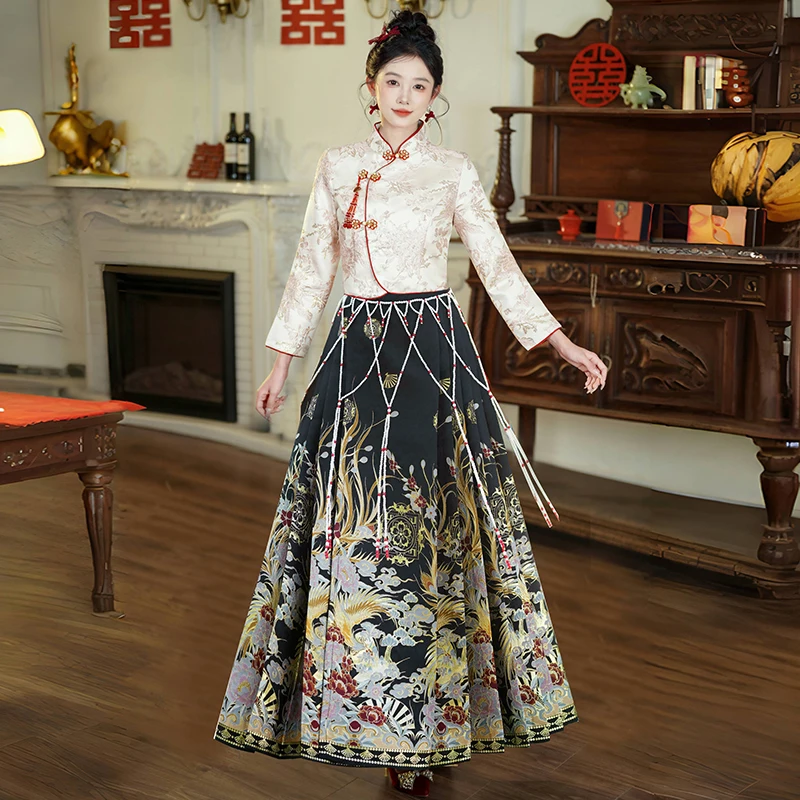 New Chinese Style Long Sleeve Top and Vest with Skirt - Autumn Golden Sunflower 秋日金葵