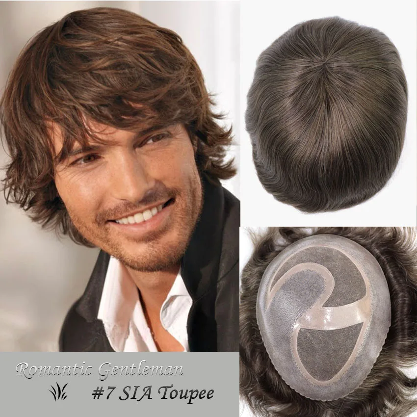 

#7 Brown Hair Color Hairpiece System For Men SIA Toupee Remy Hair Poly +Mono Replacement 120% Density Homme Man Prosthesis Wig