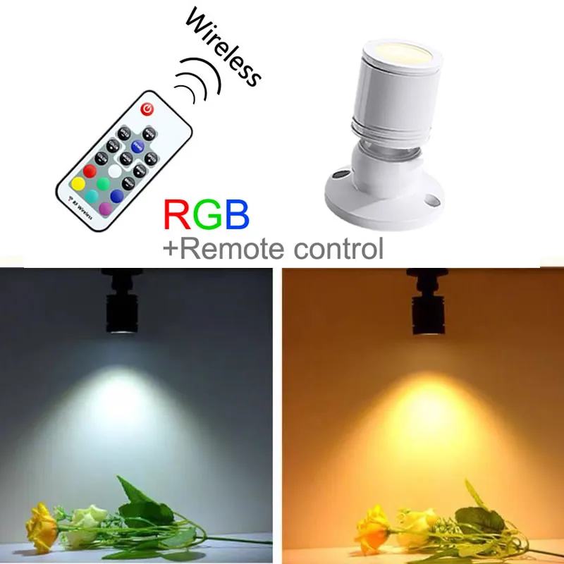 쇼케이스 캐비닛용 LED 스포트라이트, 윈도우 미니 사이즈, RGB 원격 제어 스포트라이트, 3W