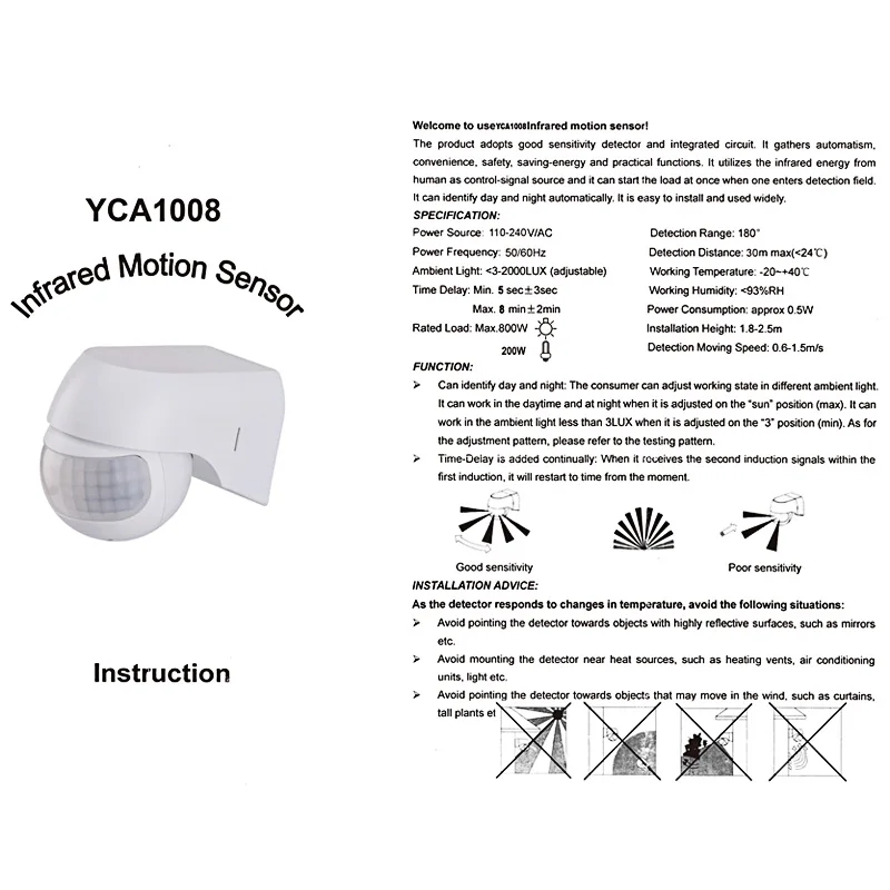 Motion Detector Automatic Infrared PIR Sensor 180 Degree Rotating Outdoor Timer Light Switch Motion Sensor 110v~230v panic alarm for home