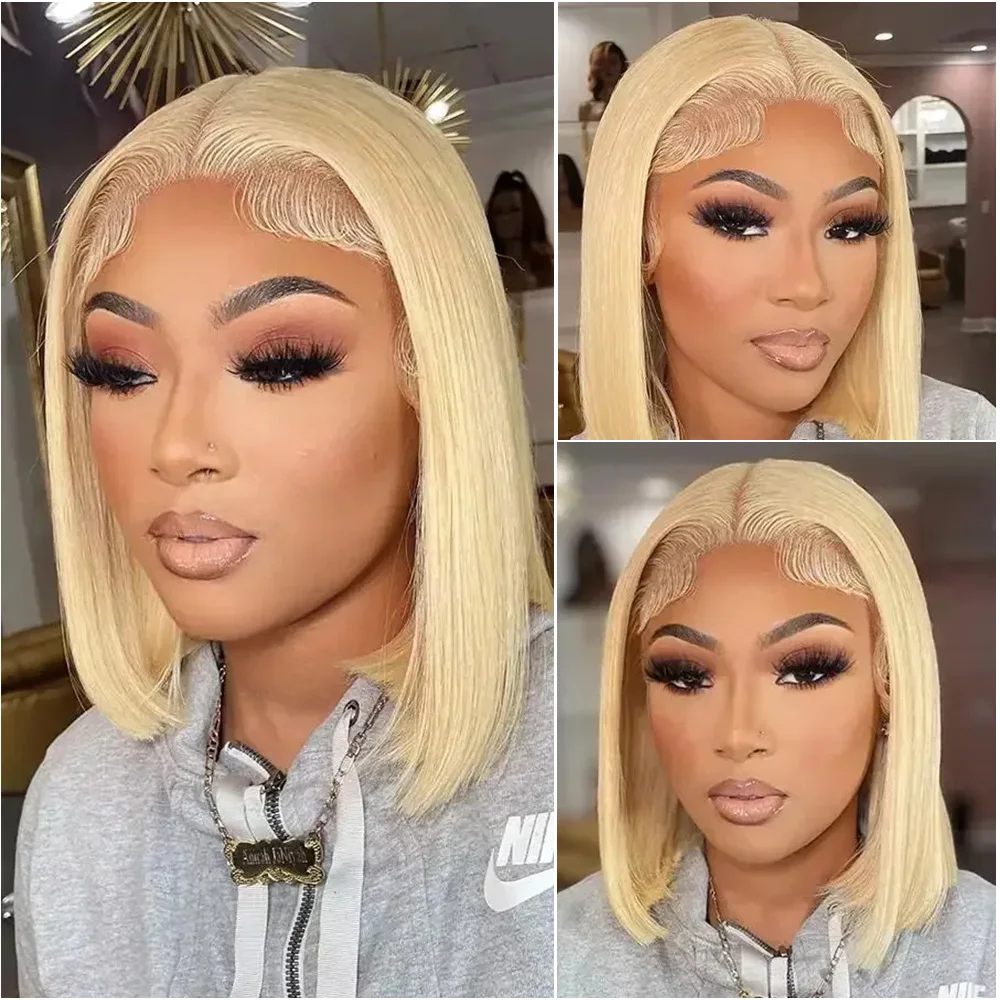 Honey Blonde 613 Short Bob Human Hair Wig Bone Straight 8-14 Inch 13x6 HD Transparent Lace Frontal Wigs For Women 200% Density 4