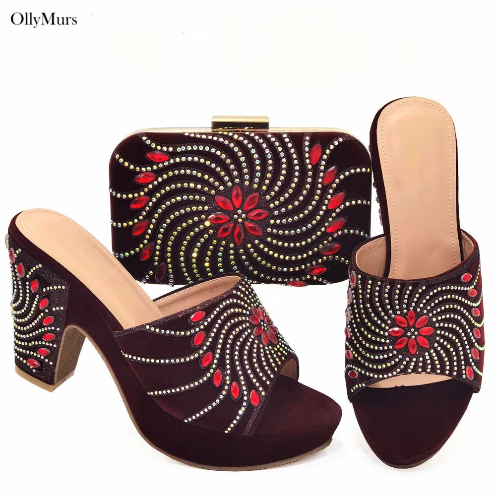 

Fashion Elegant PU With Crystal Slipper Shoes And Bag Set For Party Summer African Style Women Shoes And Bag Set Size 37-42