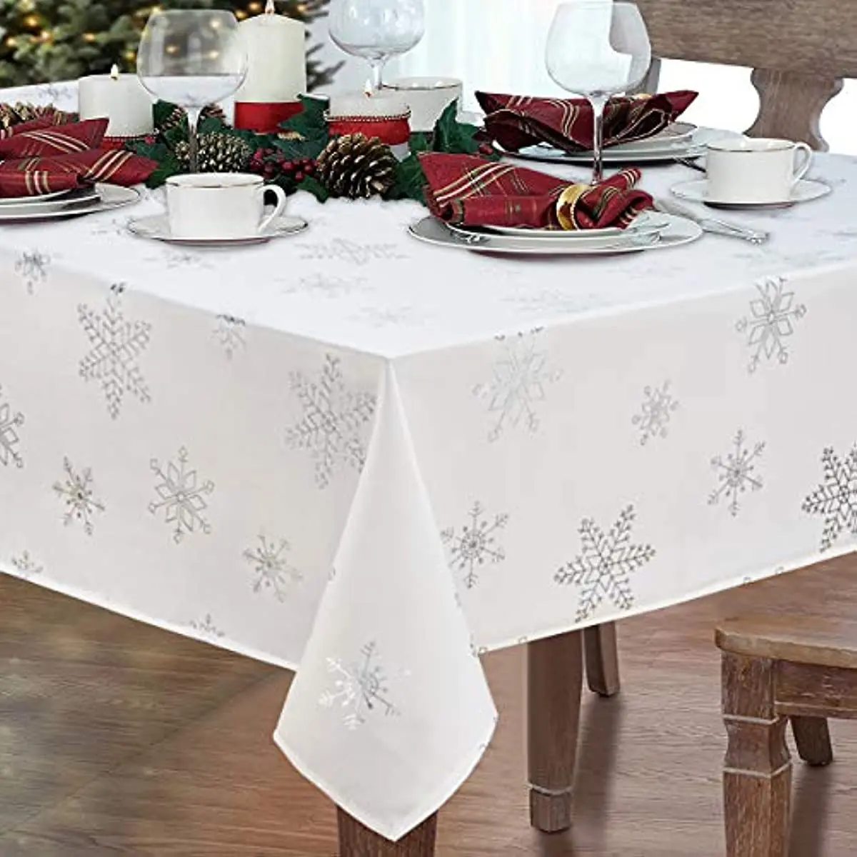 Mantel rectangular de Navidad, decoración de copo de nieve blanco