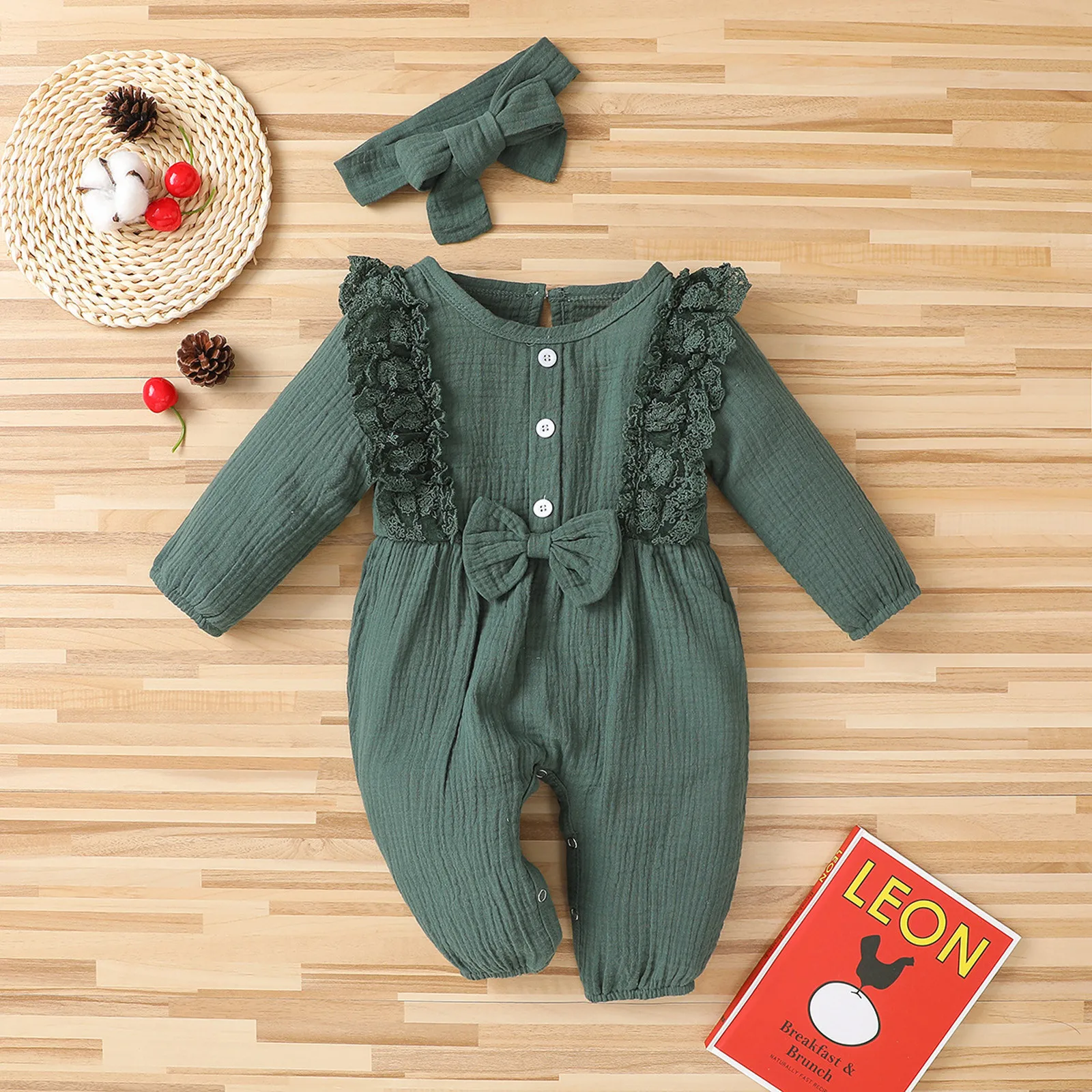 0-18Month Newborn Girls Romper Autumn Cute Bow Warm New Cotton Button Long Sleeve Baby Jumpsuit Pajamas+Butterfly Tie Hair Band