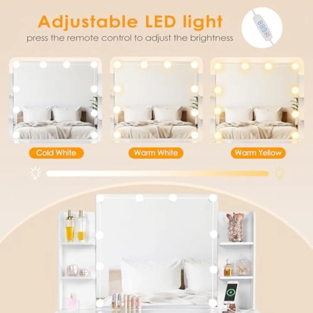 Makeup Vanity Desk with Mirror and Lights,Large Vanity with Drawers & Glass Top,Makeup Table with Power Outlet,3 Lighting Modes 3