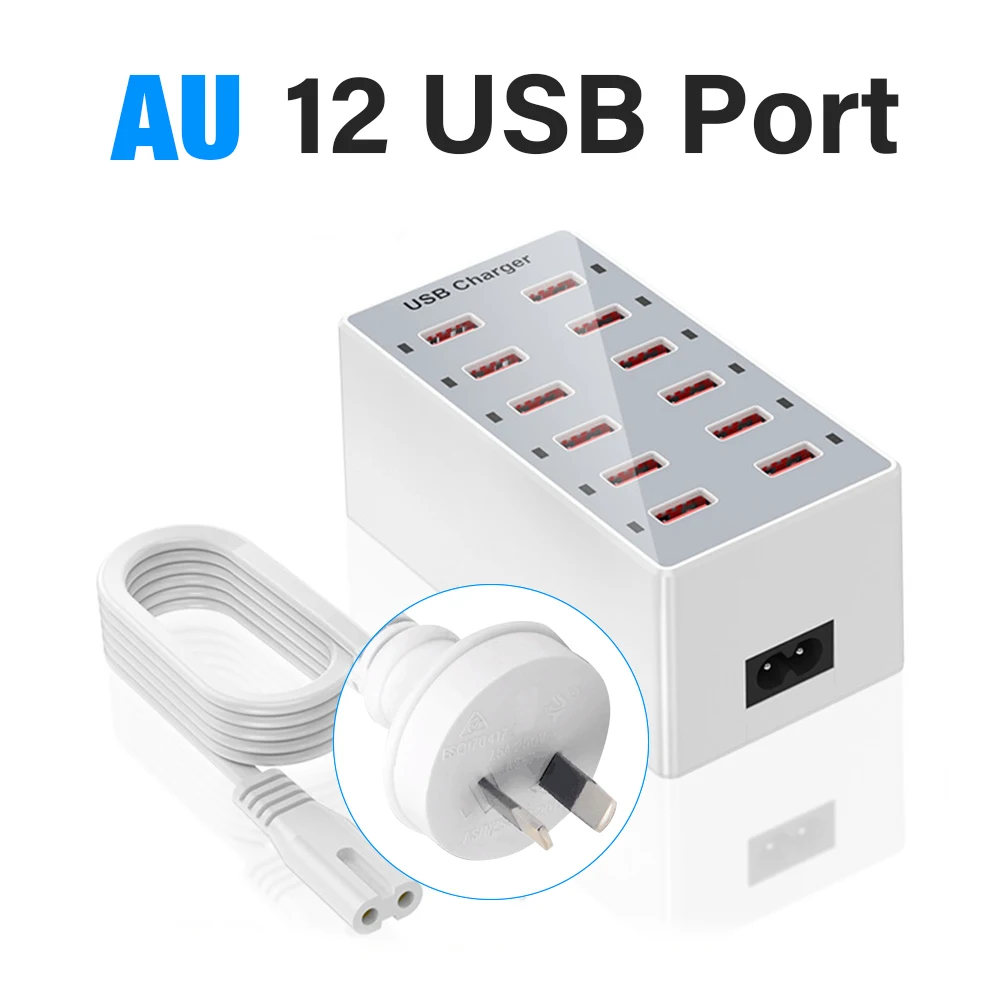 Universal Multi-Port USB Charging Station Dock - 12-Port 5V/2.4A Wall & Desktop Power Adapter