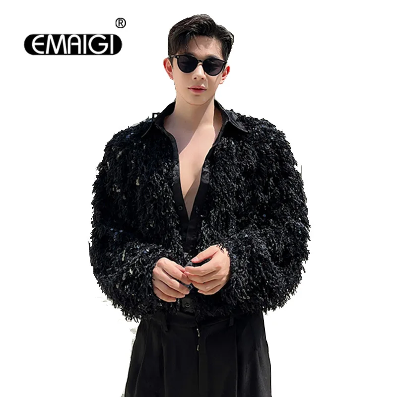 

Men Nightclub Style Embroidery Sequin Tassel Vintage Fashion Party Dress Shirts Male Streetwear Long Sleeve Loose Causal Shirts