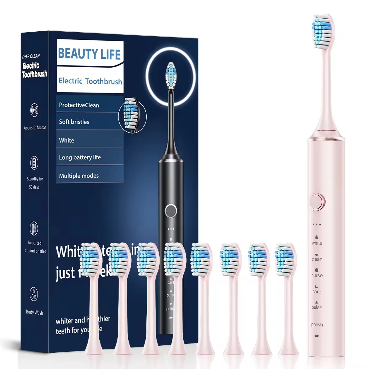 Sonic Electric Toothbrush with Soft Bristles 3 Cleaning Modes Plaque Removal USB Rechargeable 4 Brush Heads Teeth Whitening Tool