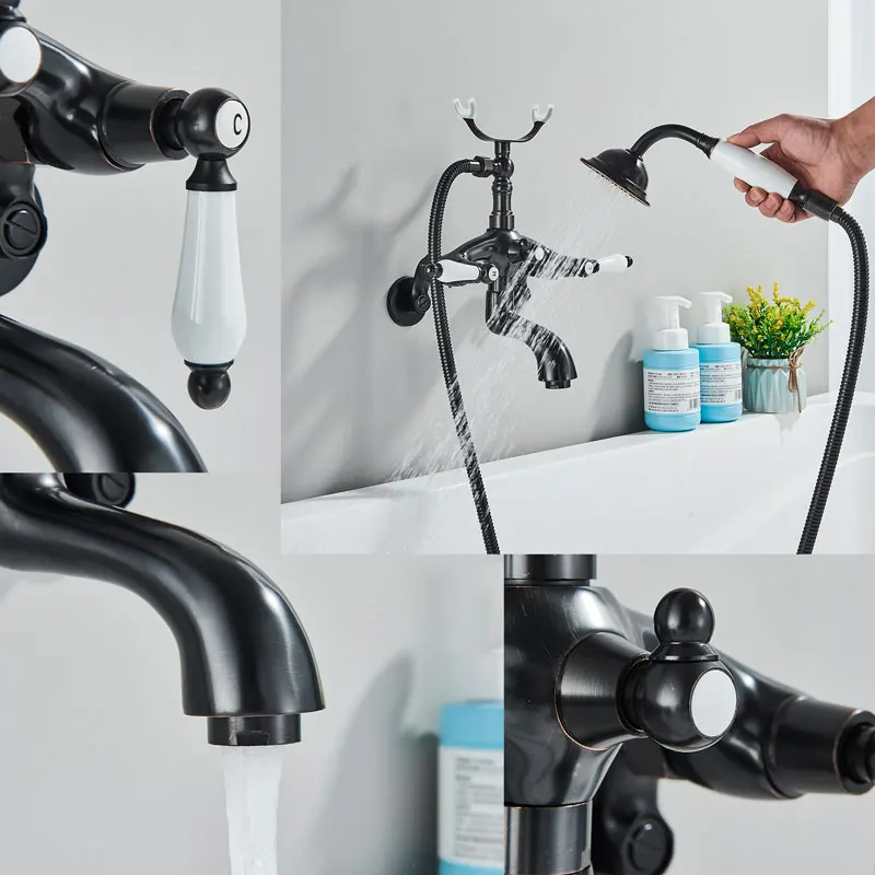 Antique Brass Wall Mounted Bathtub Faucet Brass Telephone Style Bath Shower Tap Waterfall Swivel Spout Dual Handle Tub Mixer bathtub faucet