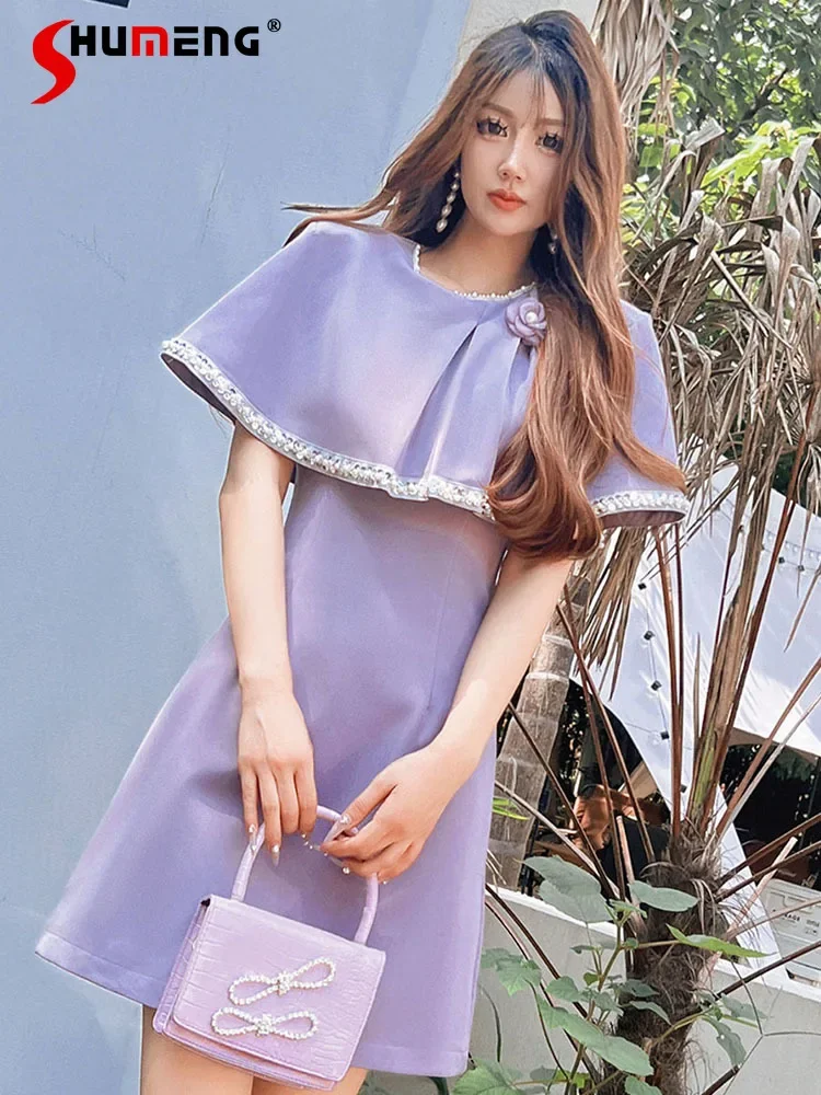 

Elegant Rhinestone Sequined Purple Dress Summer 2024 New Japanese Cape Style Three-Dimensional Flower Short Dresses Robe Femme